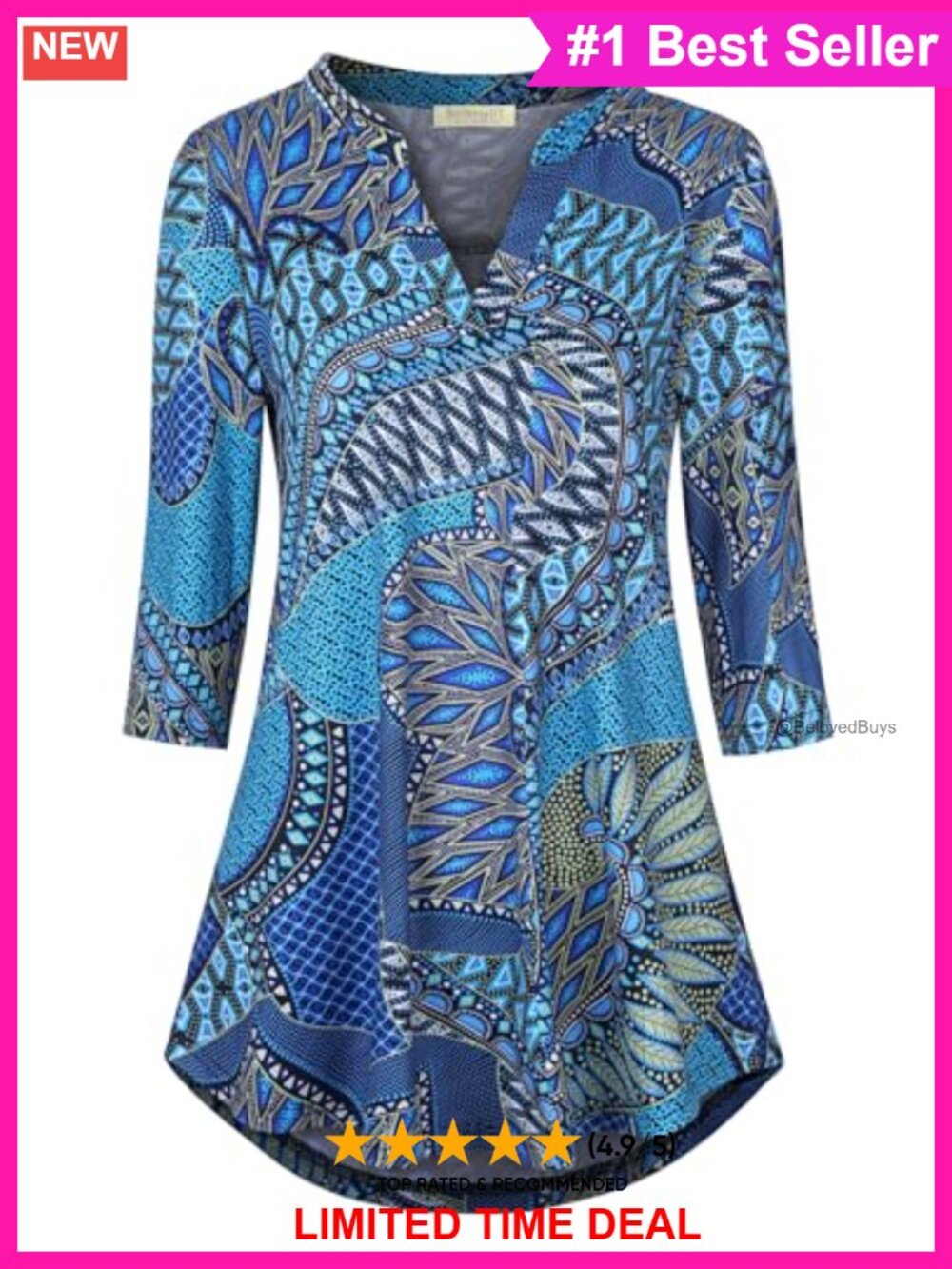 Womens 3/4 Sleeve Notch V Neck Floral Tunic Blouse Loose Fit Work Top